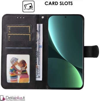 Dirbtinės odos atverčiamas dėklas su skyreliais - juodas (Huawei Honor X8A)